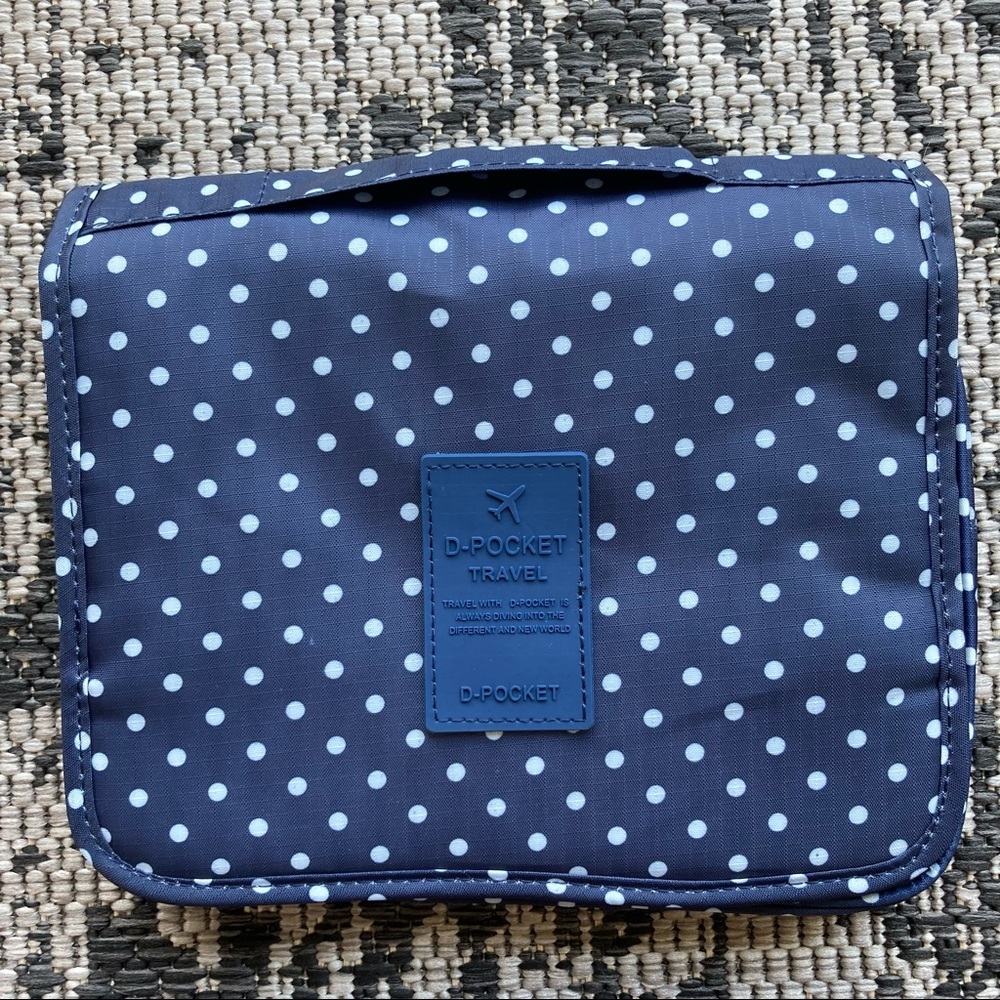 Hanging Cosmetic Travel Organizer in Navy with White Dots